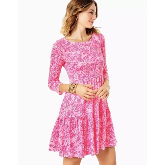 Lilly Pulitzer Dresses & Skirts - Lilly Pulitzer Geanna Swing Dress — S Pink Blossom Foxy Llama 3/4 Sleeve Tiered